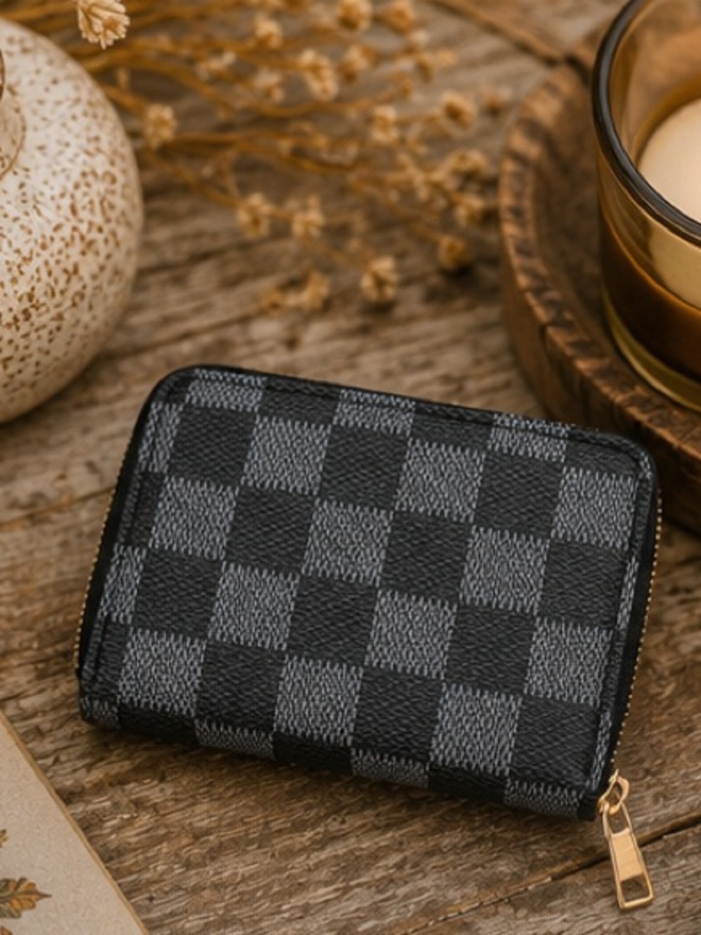 Gray Checkered Zip Wallet | Compact Faux Leather Card Hold|Designer Inspired